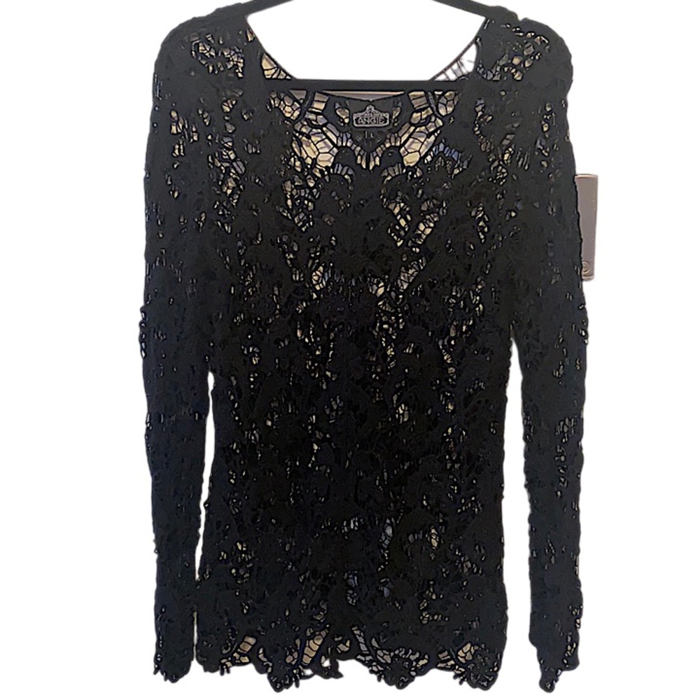 Angie black crochet lace long sleeve blouse Large